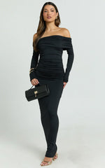 Emilie Maxi Dress - Off Shoulder Long Sleeve Ruched Jersey Dress In Black
