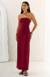 Del Mar Burgundy Crepe Formal Maxi Dress