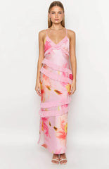 Inara Light Pink Floral Print Ruffle Maxi Dress