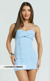 Gigi Mini Linen Blend Dress - Sweetheart Tie Back Scallop Detail Dress in Blue