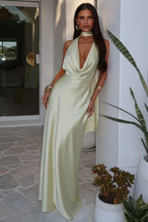 Zealand Plunge Halter Satin Maxi Dress - Yellow