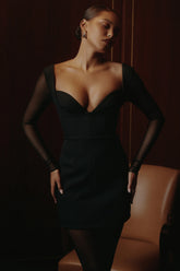 Black Stretch Crepe Plunge Mini Dress
