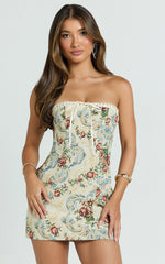 Dana Mini Dress - Jacquard Strapless Contrast Trim Bodycon Dress in Cream