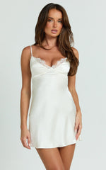 Mitchell Mini Dress - Lace V Neck Fit And Flare Slip Dress in Cream