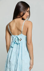 Claya Maxi Dress - Sleeveless Straight Neckline Floral Detail Dress In Pale Blue